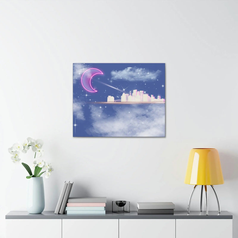 Neon moon city canvas Printify