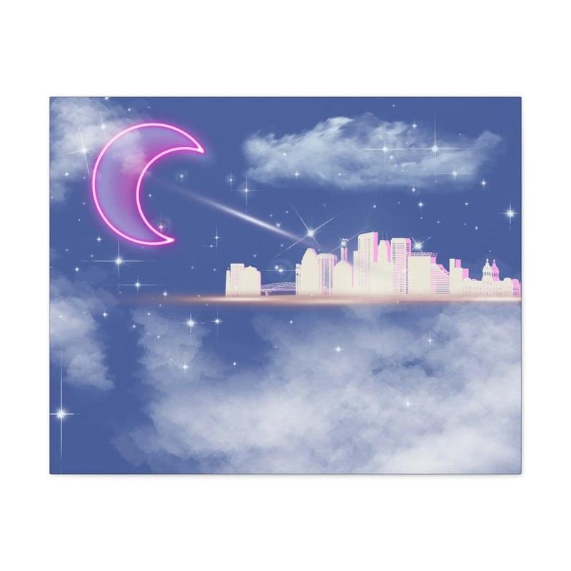 Neon moon city canvas Printify