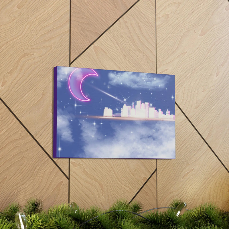 Neon moon city canvas Printify